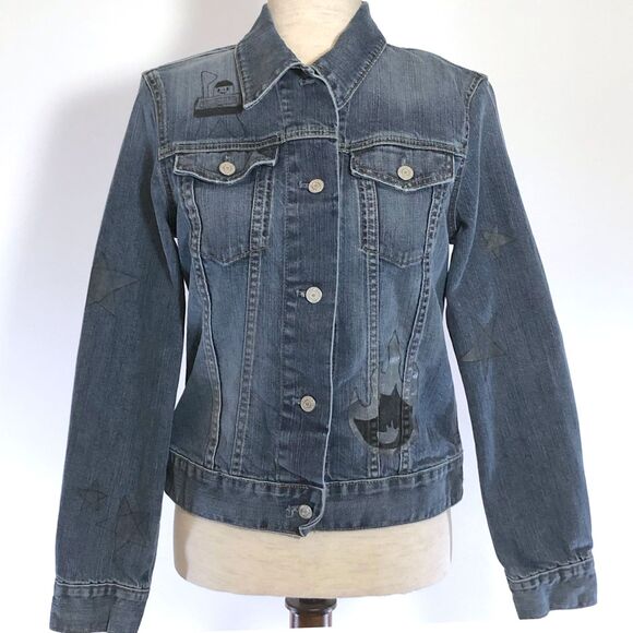 Gap Medium Blue Denim Trucker Jacket Stretch Art - Picture 2 of 9